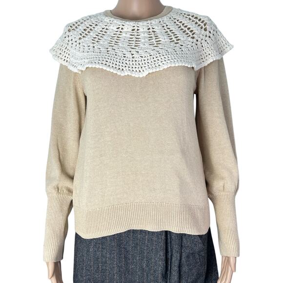 Tuckernuck Bettina Crochet Collar Long Sleeve Beige Cotton Sweater - Picture 1 of 11